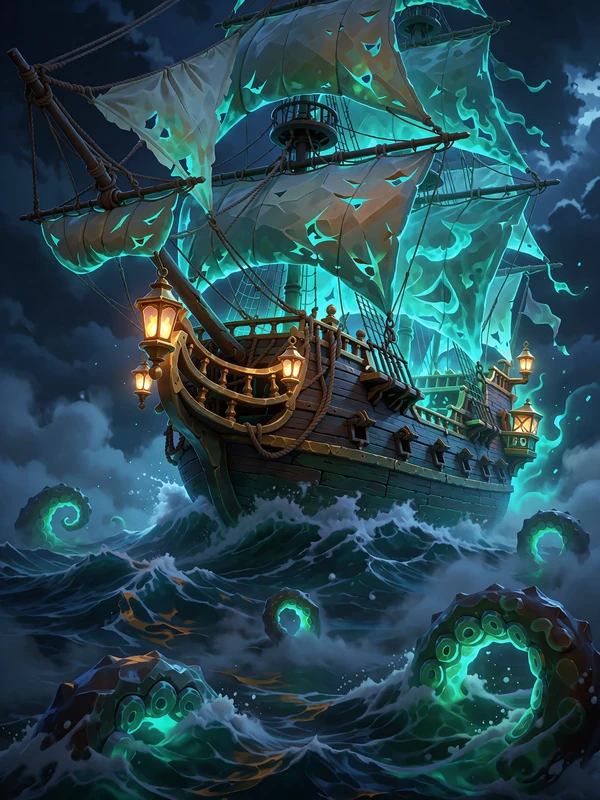 Sp&oslash;gelsesgalleon med laset, gennemsigtigt sejl, der sejler ud af t&aelig;t t&aring;ge ved m&aring;neskin