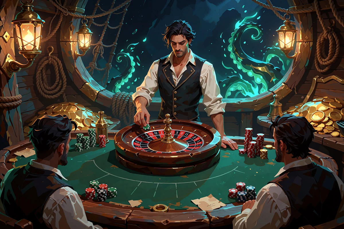 Dealer ved et roulettehjul i et lanterneoplyst skibsrum - live casino med rigtige dealere hos Smash Casino