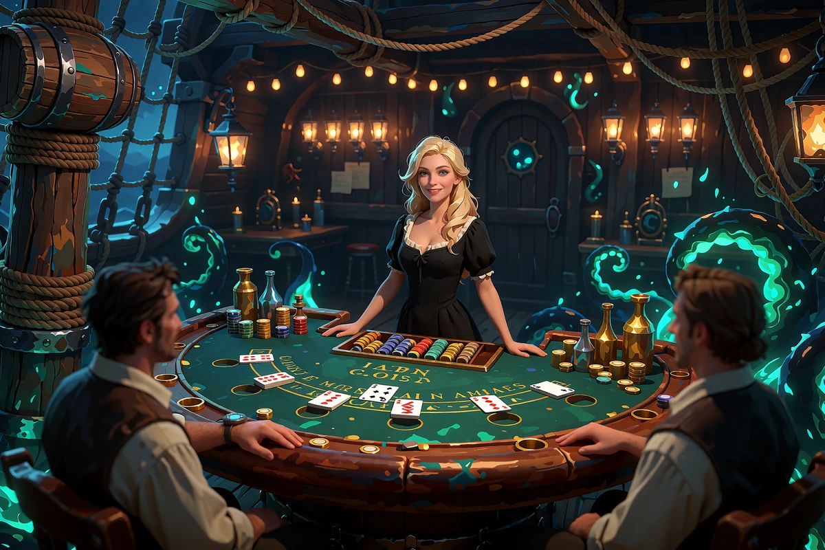 Live dealer ved et blackjackbord i en lanterneoplyst skibskahyt - live casino hos Smash Casino